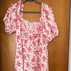 Pink Floral Puff-Sleeve Midi Dress